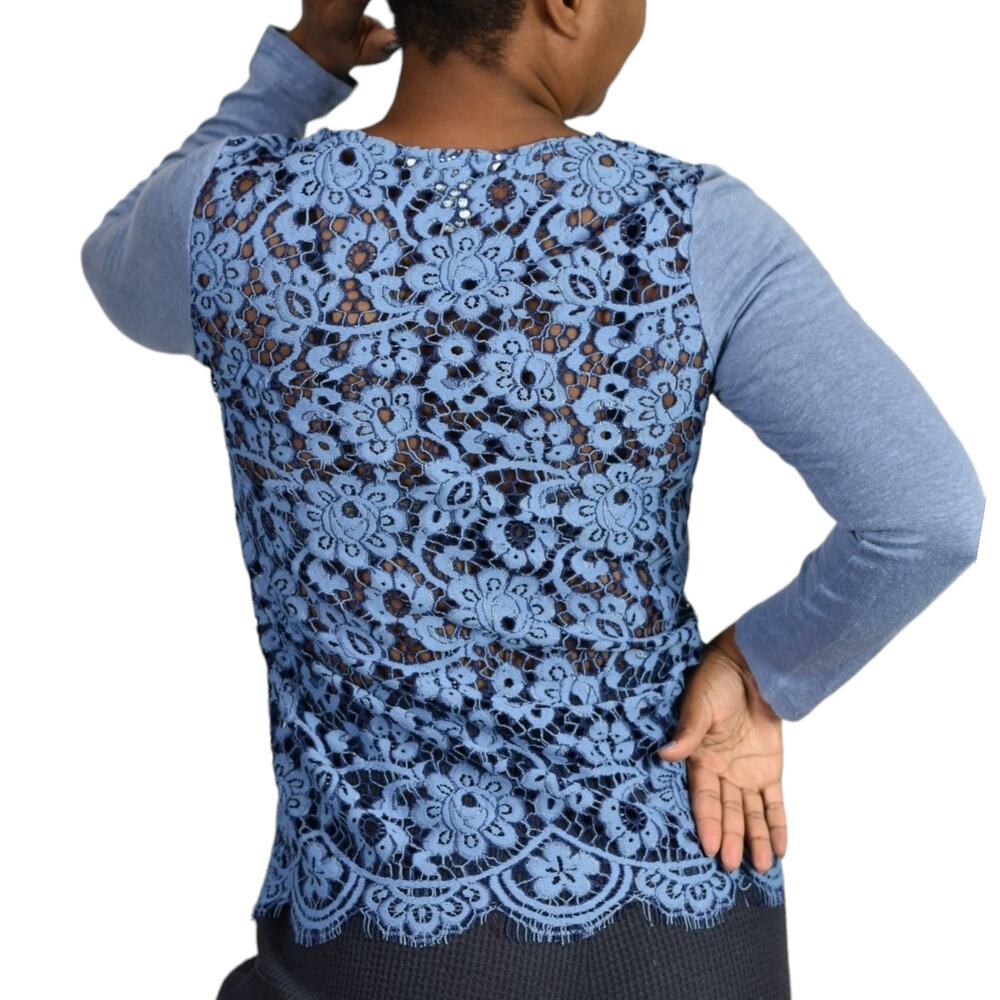 Sundance Ariadna Top Blue Lace Knit Sweater Scallop Hem Long Sleeves Size XS - Picture 2 of 14